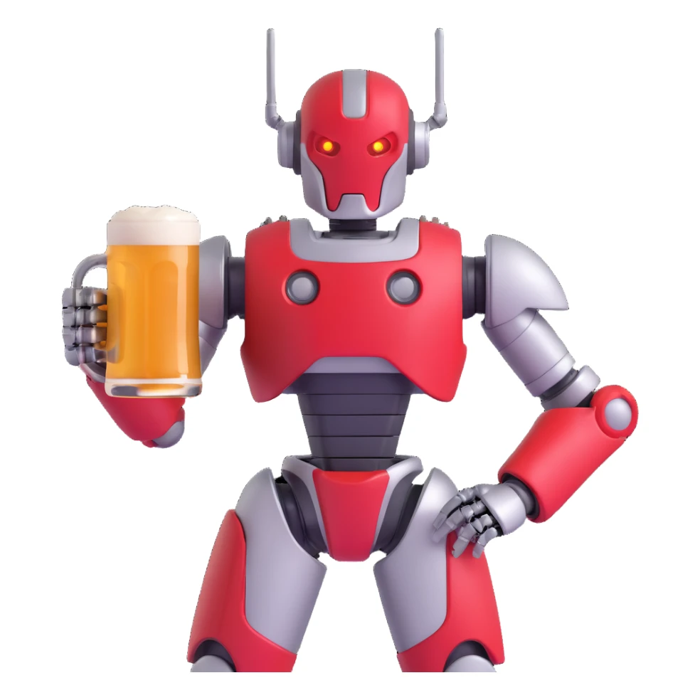 Sector from Mortal Kombat, robotic cyborg with red and silver armor, holding a beer mug, cheerful expression, vibrant colors sticker