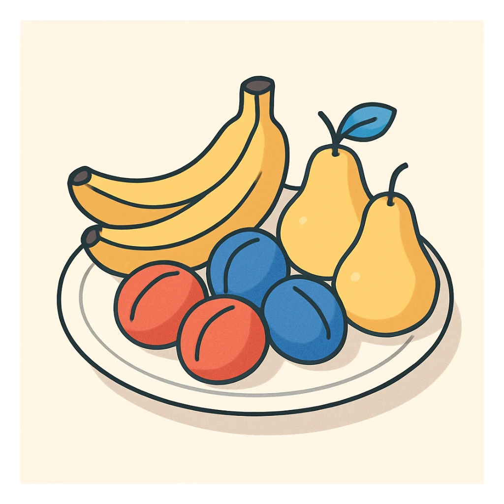 a plate with bananas pears and plums in 2D isometric illustration style sticker