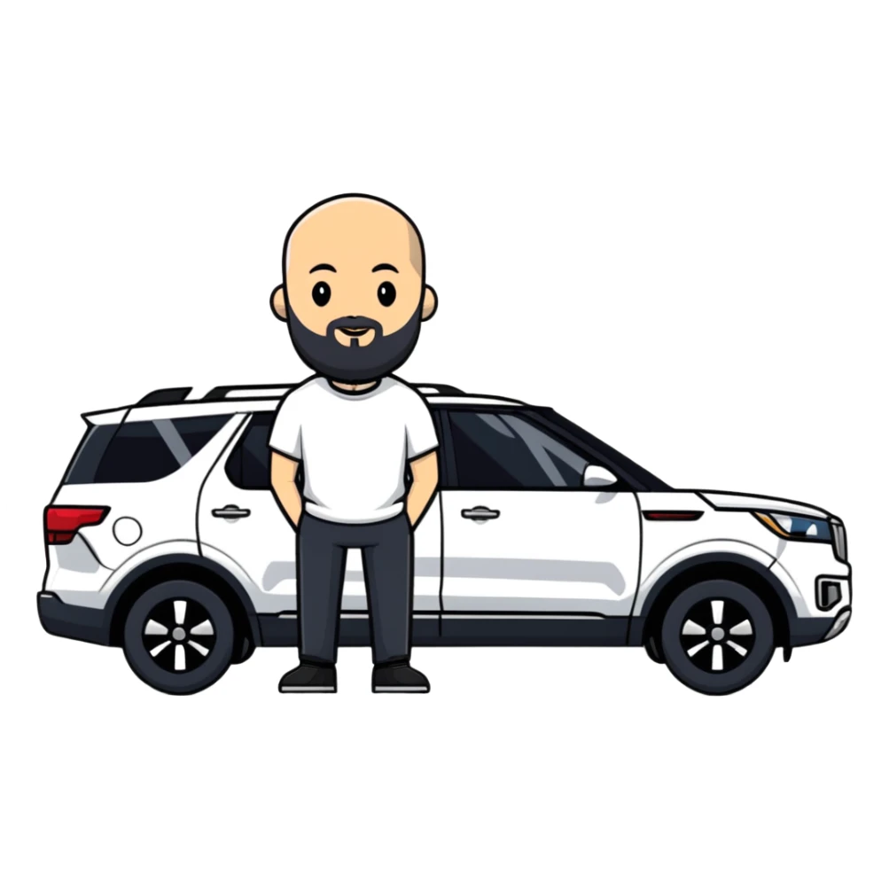bald man with beard standing next to a white Kia Mohave SUV sticker