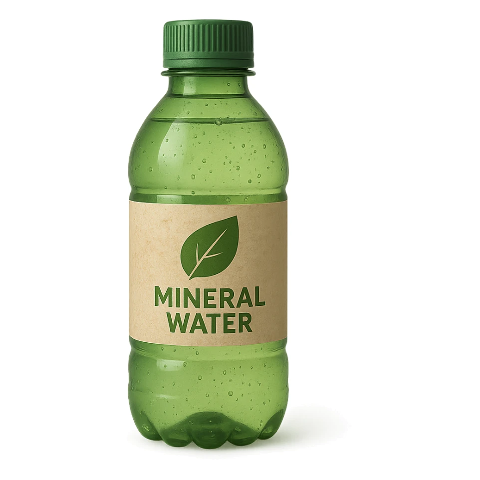 a green mineral water bottle, eco-friendly look, natural and sustainable design sticker