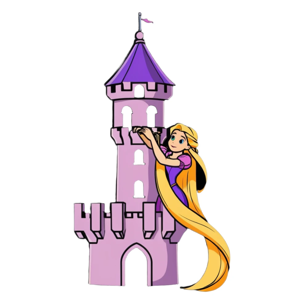 Rapunzel letting down her hair from a tower sticker