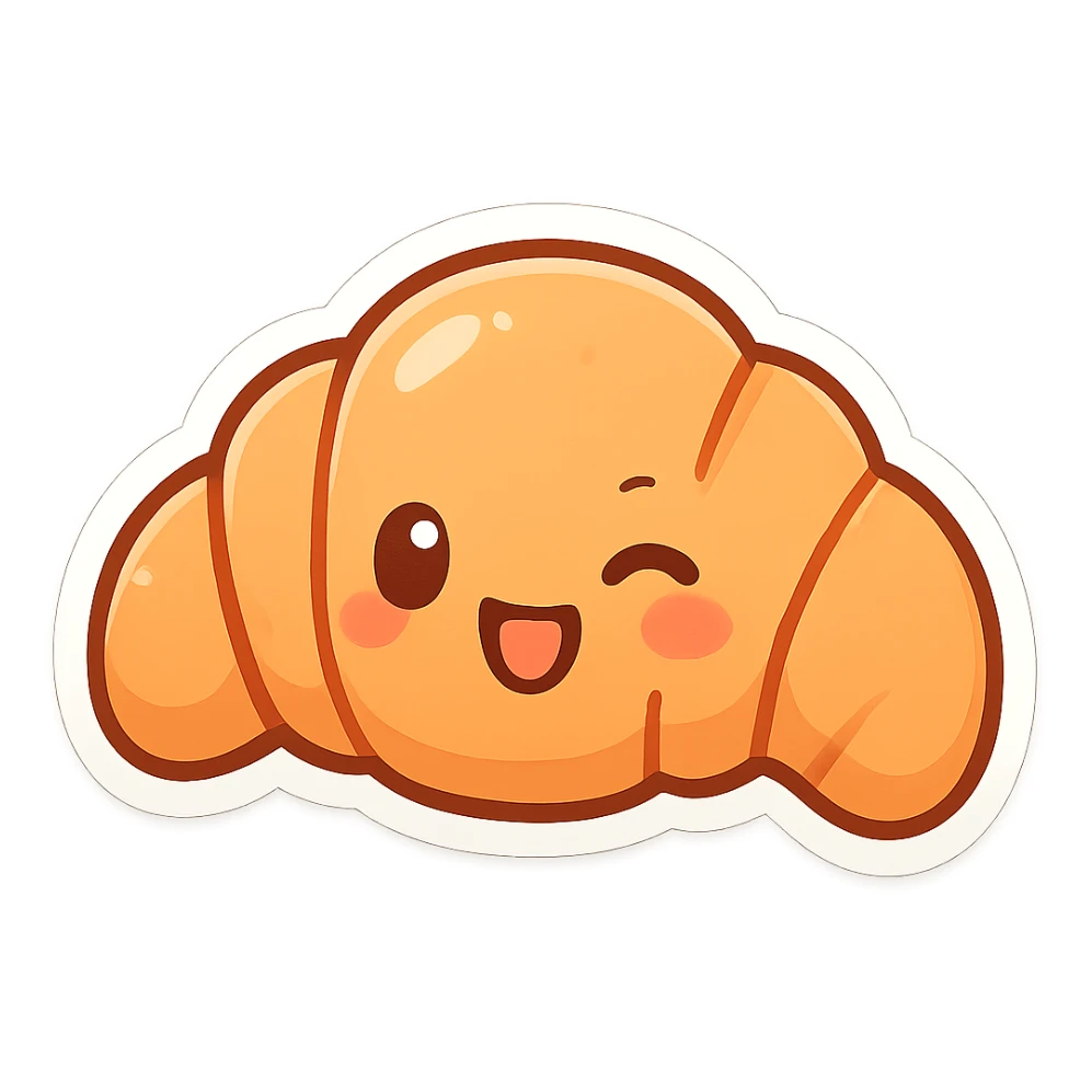 chibi sticker-style croissant with a winking face, cute and exaggerated sticker