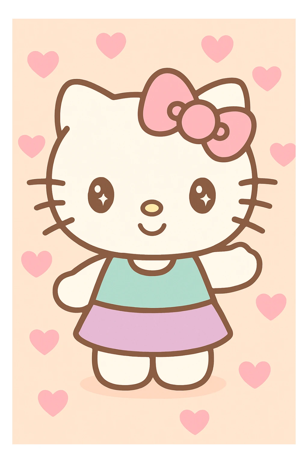 Hello Kitty with a pink heart background, sweet and simple cartoon style sticker