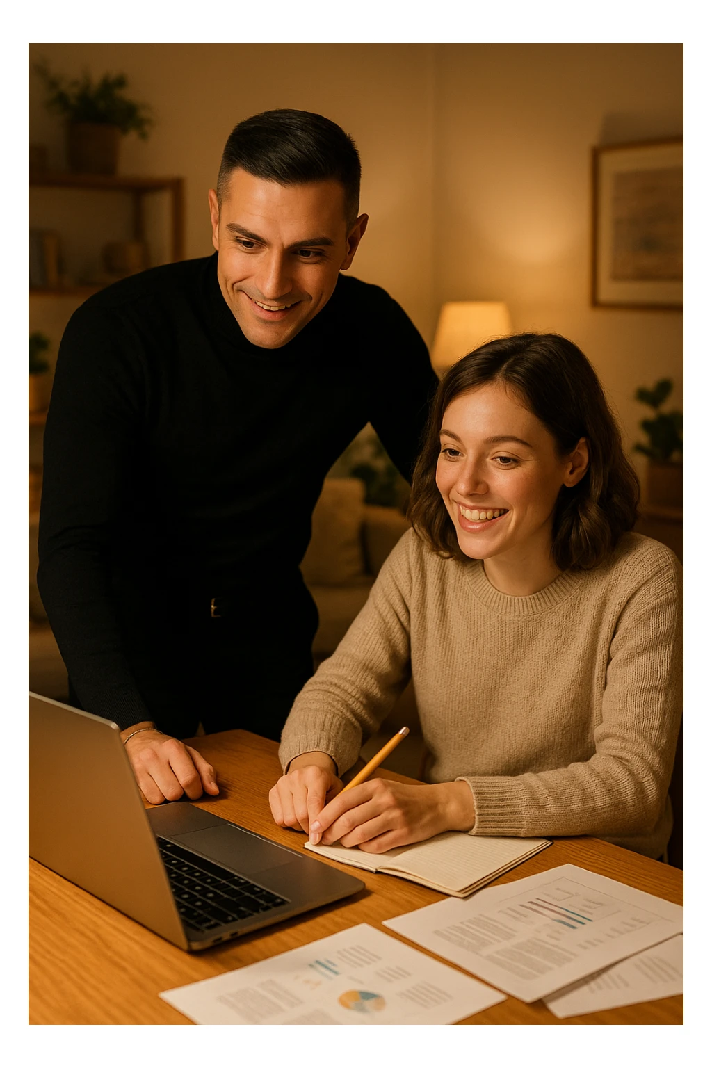 a man and woman work together on a project at home, with the man offering guidance and the woman actively participating and contributing ideas. Their expressions show teamwork and satisfaction, highlighting the benefits of collaboration and shared leadership. The setting is warm and inviting. sticker