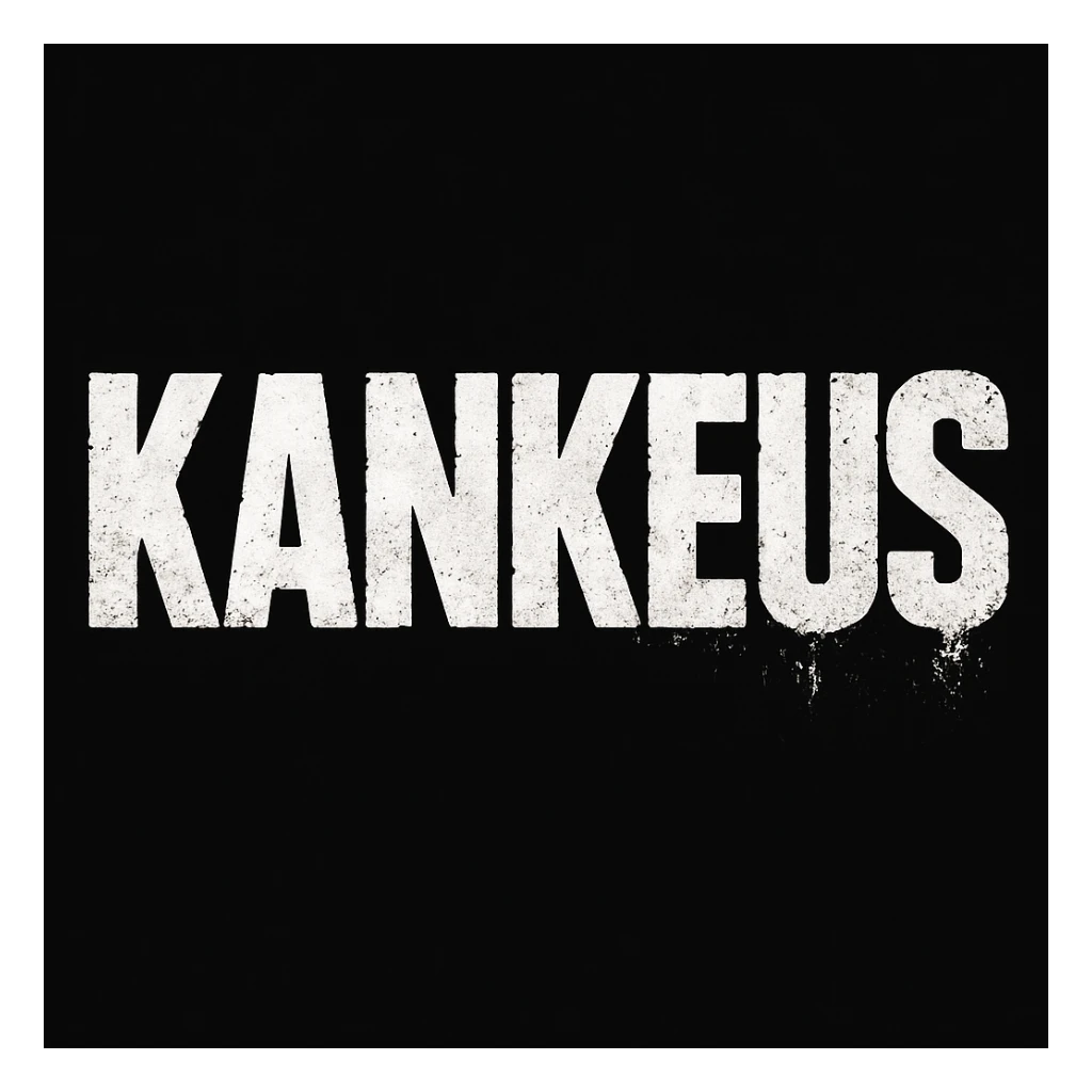 KankeuS logo, DayZ video game font style, distressed, bold, white text on black background, gritty and intense sticker