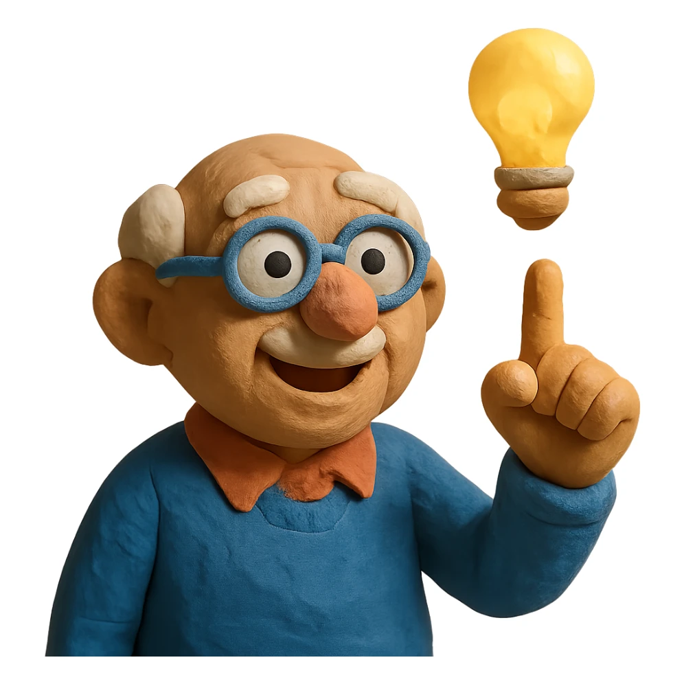 elderly man pointing his finger up at a light bulb, pretending that he has an idea sticker