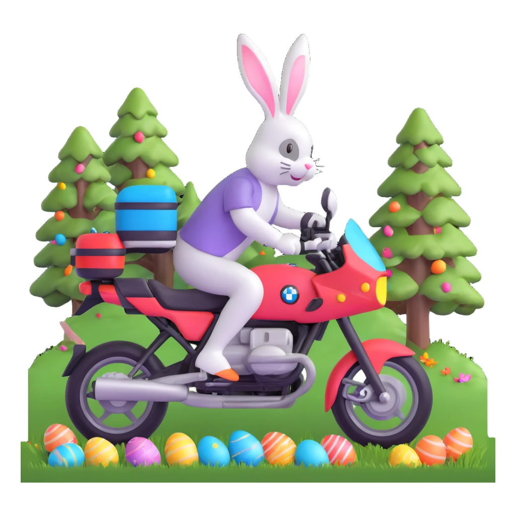 Easter bunny riding a BMW boxer motorcycle with trees and grass in the background and colorful Easter eggs hidden in the grass sticker