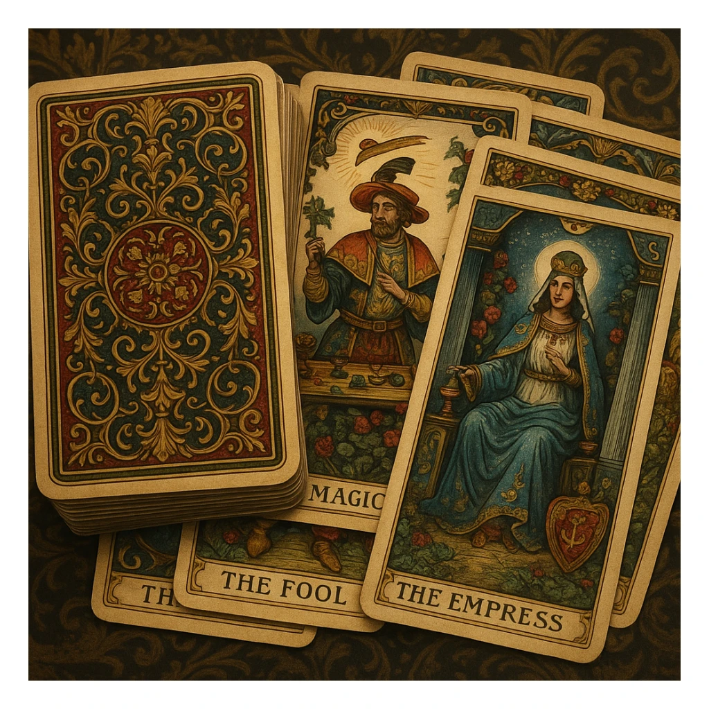 highly detailed tarot deck with decorative card backs, classic Victorian motifs, rich colors, cards stacked and slightly spread sticker