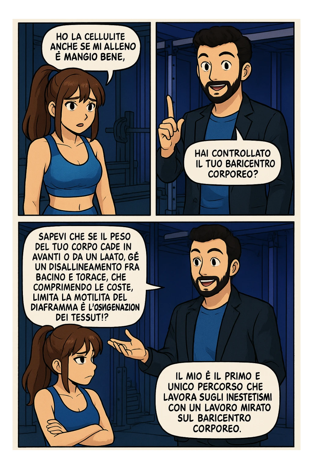 PRENDI SPUNTO DA QUESTO STILE FACENDO UN WEBTOON/MANGA:

LEI (DONNA): Ho la cellulite anche se mi alleno e mangio bene, cosa posso fare?

LUI (UOMO): Hai controllato il tuo baricentro corporeo?
LUI (UOMO): Sapevi che se il peso del tuo corpo cade in avanti o da un lato, c’è un disallineamento fra bacino e torace, che comprimendo le coste, limita la motilità del diaframma e l’ossigenazione dei tessuti?
LUI (UOMO): Il mio è il primo e unico percorso che lavora sugli inestetismi con un lavoro mirato sul baricentro corporeo. sticker
