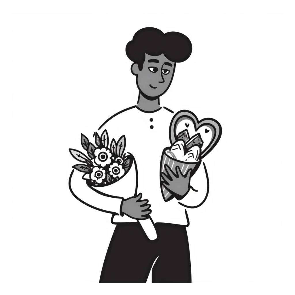 black man looking sad holding flowers and candy sticker
