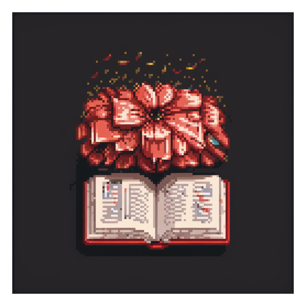 floating red book, opened with wind-blown pages, pixel art style, dark background sticker