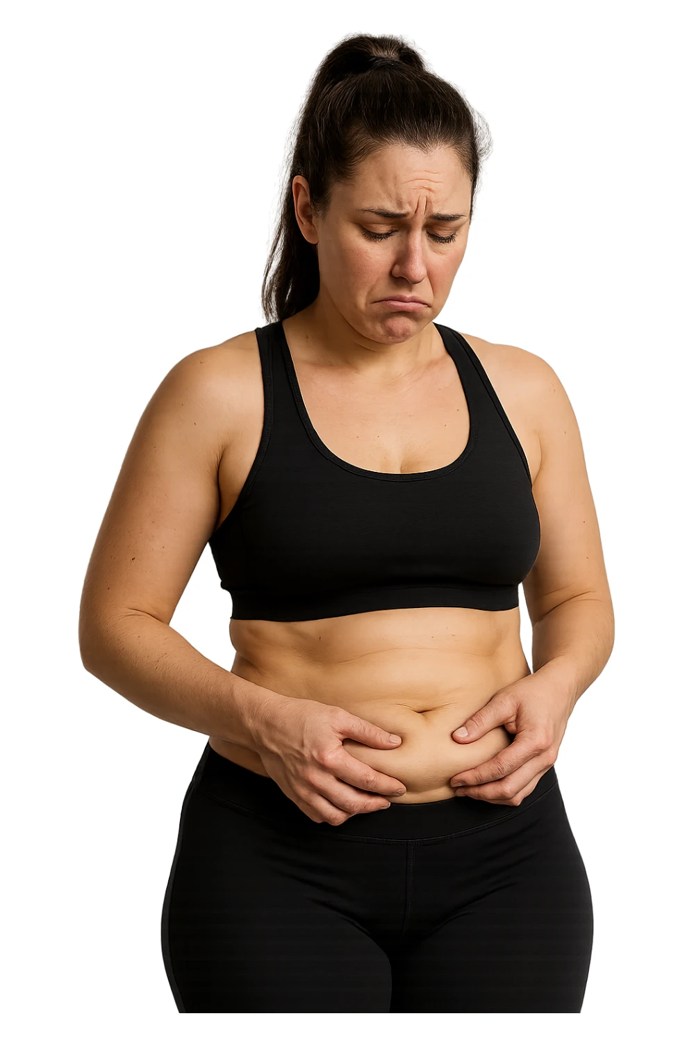 DONNA FITNESS CON GRASSO SULLA PANCIA, SI TOCCA LA PANCIA CON ESPRESSIONE TRISTE IN VOLTO, IPERREALISTICA 4K sticker