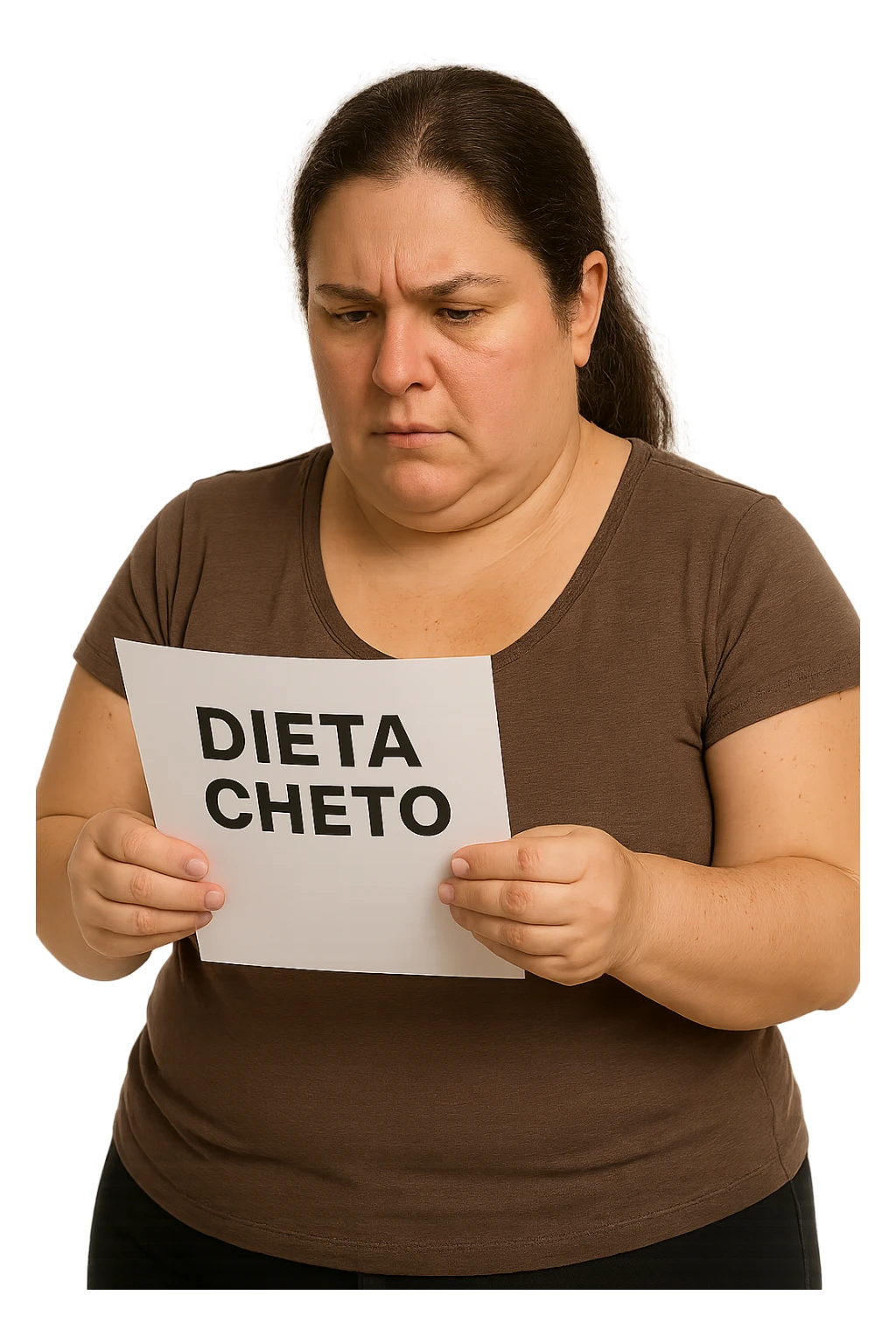 donna realistica leggermente in sovrappeso che legge un foglio con la scritta "dieta Cheto", sfondo bianco, iperrealistica 4k, IPERREALISTICA 4K sticker