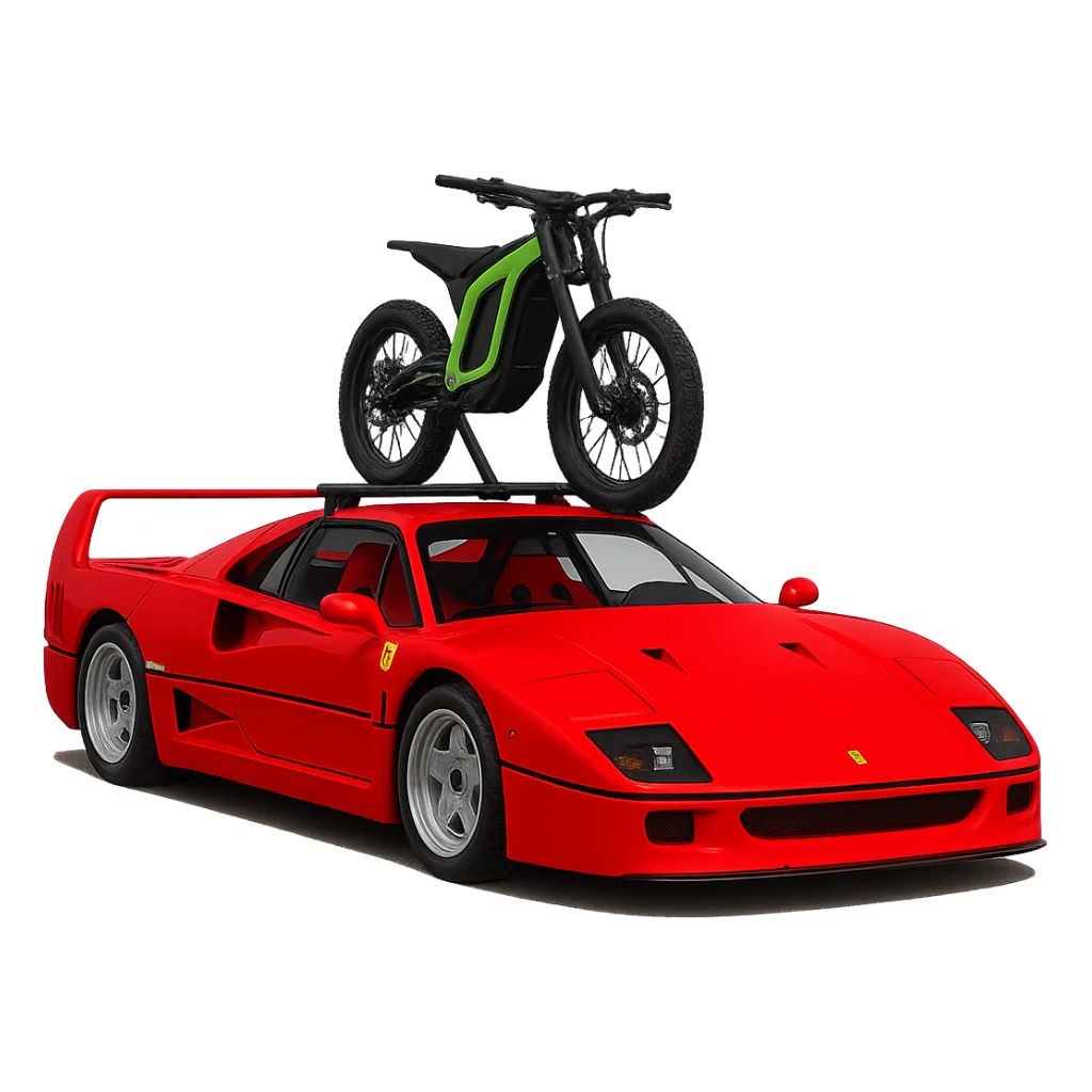 Enhance the image to make the roof rack clearly visible under the small green-framed Sur-Ron bike on the Ferrari F40. Emphasize the rack structure with clear details and keep the background transparent. sticker
