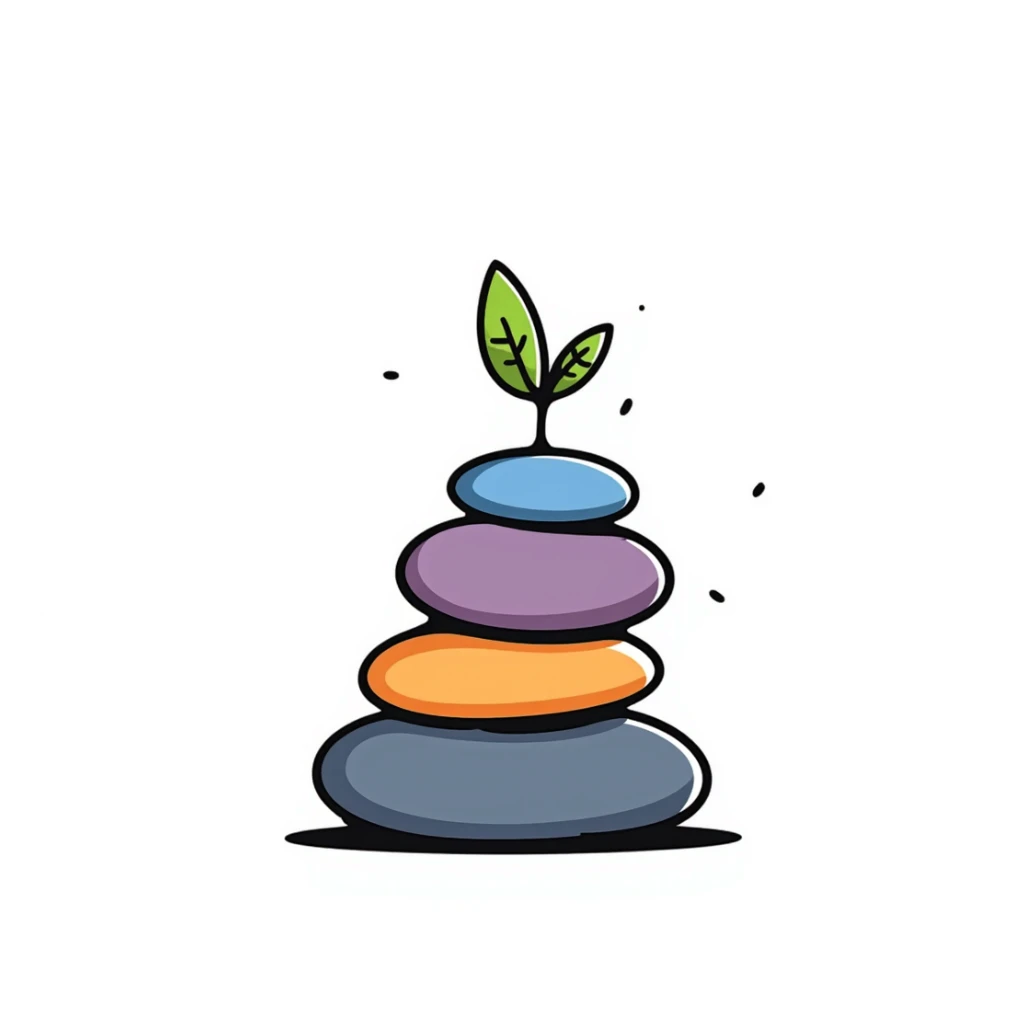 A zen-like balanced stack of colorful stones in blues, purples, and oranges with a small green plant growing beside it, representing balance and stress relief. Hand-drawn doodle style with vibrant colors. sticker