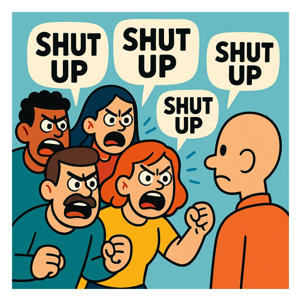 a group of cartoon people angrily yelling at a bald man, expressive faces, speech bubbles saying 'shut up', vibrant toon style, simple background sticker