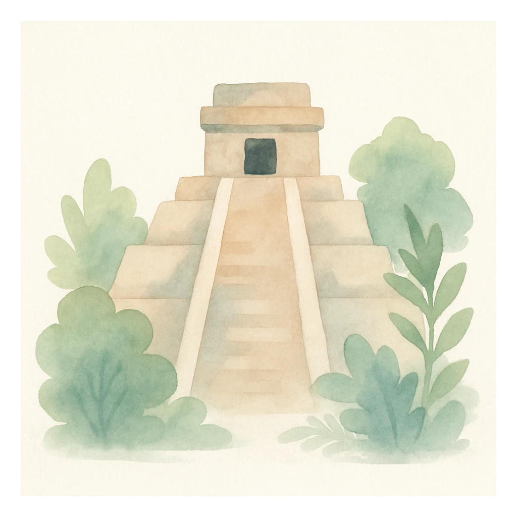 Mayan temple, soft brush strokes, lush greenery, ancient stone details, watercolor art style sticker
