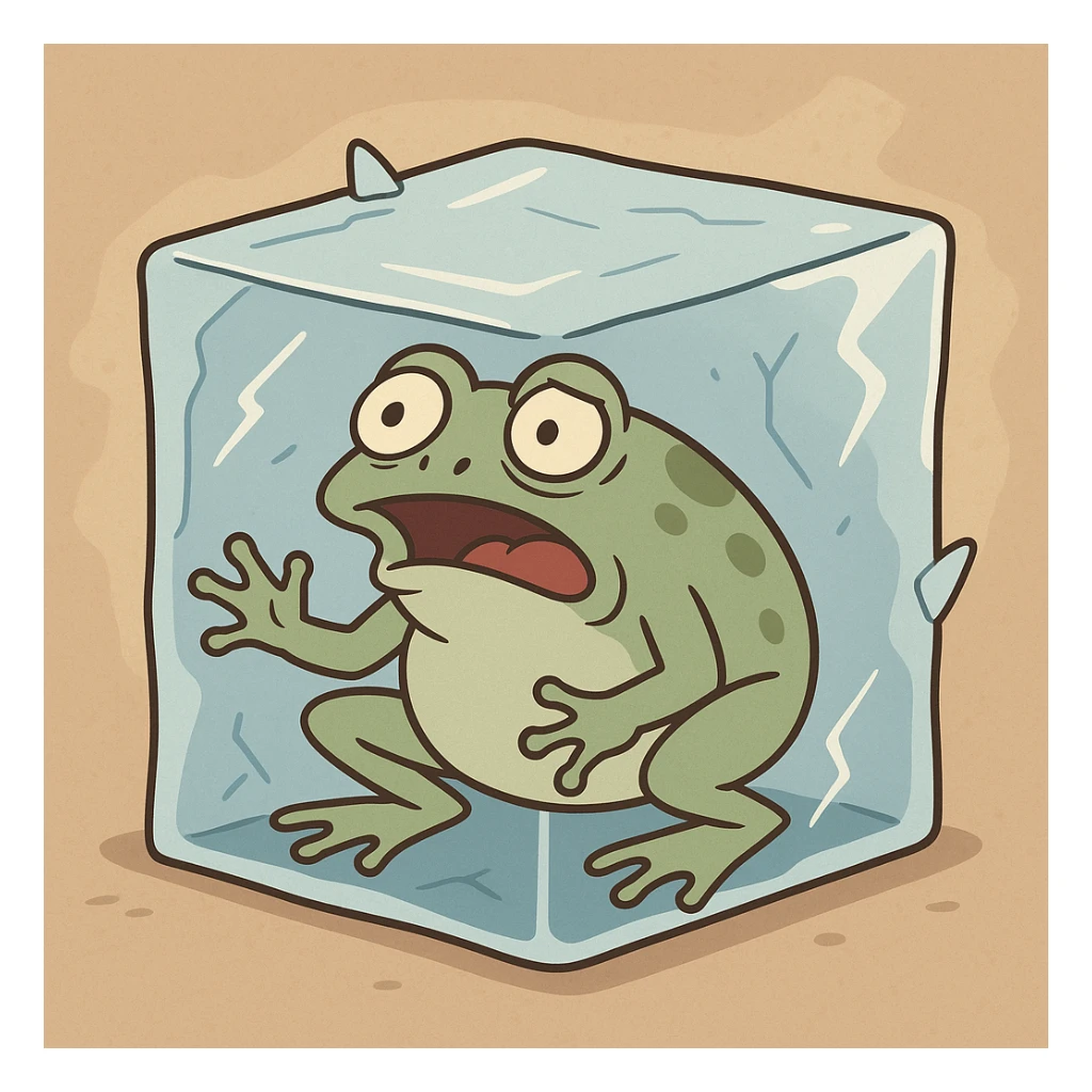 frog frozen in ice, flat toon style sticker