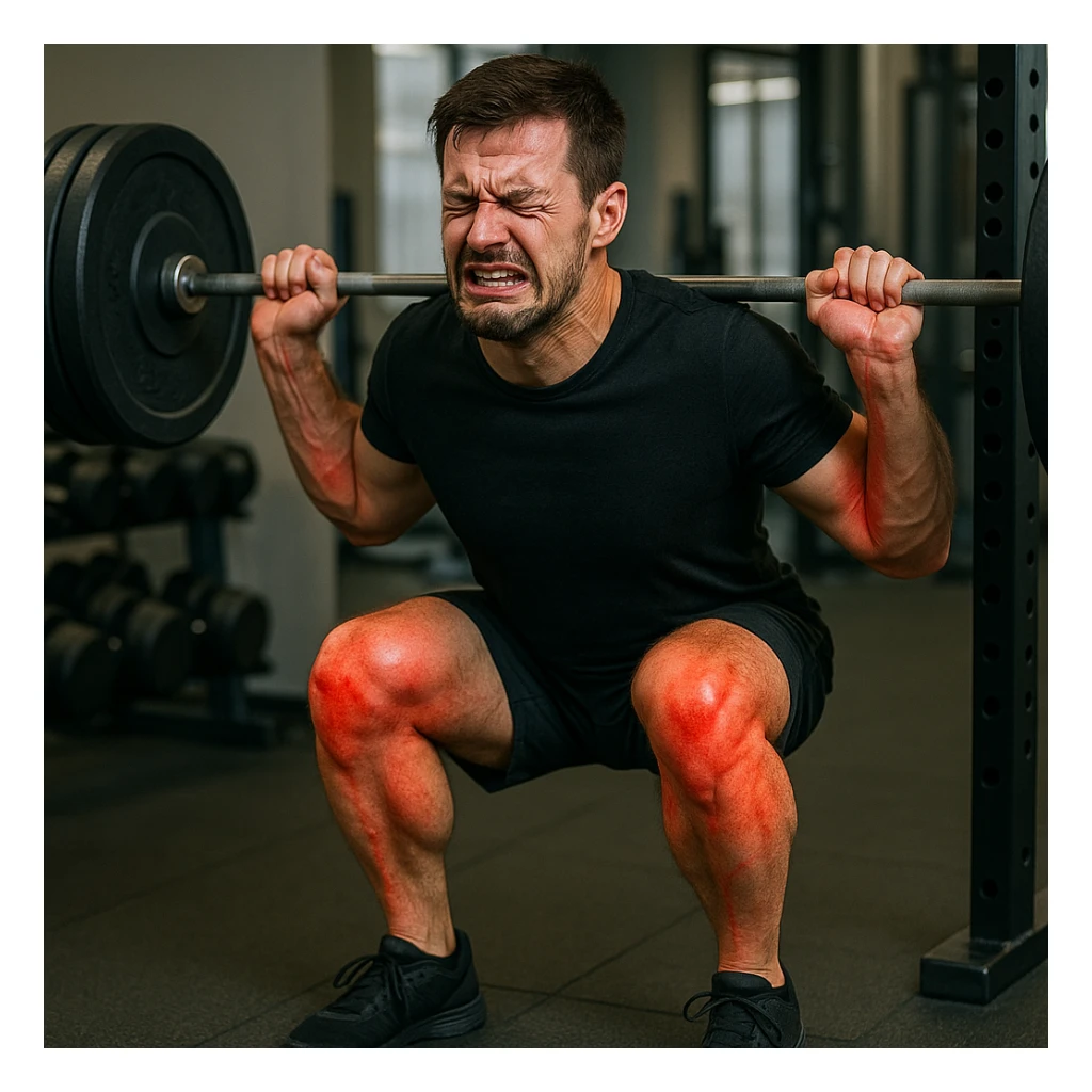 uomo che fa squat pieno di dolori e rossori articolari, per tecnica errata sticker