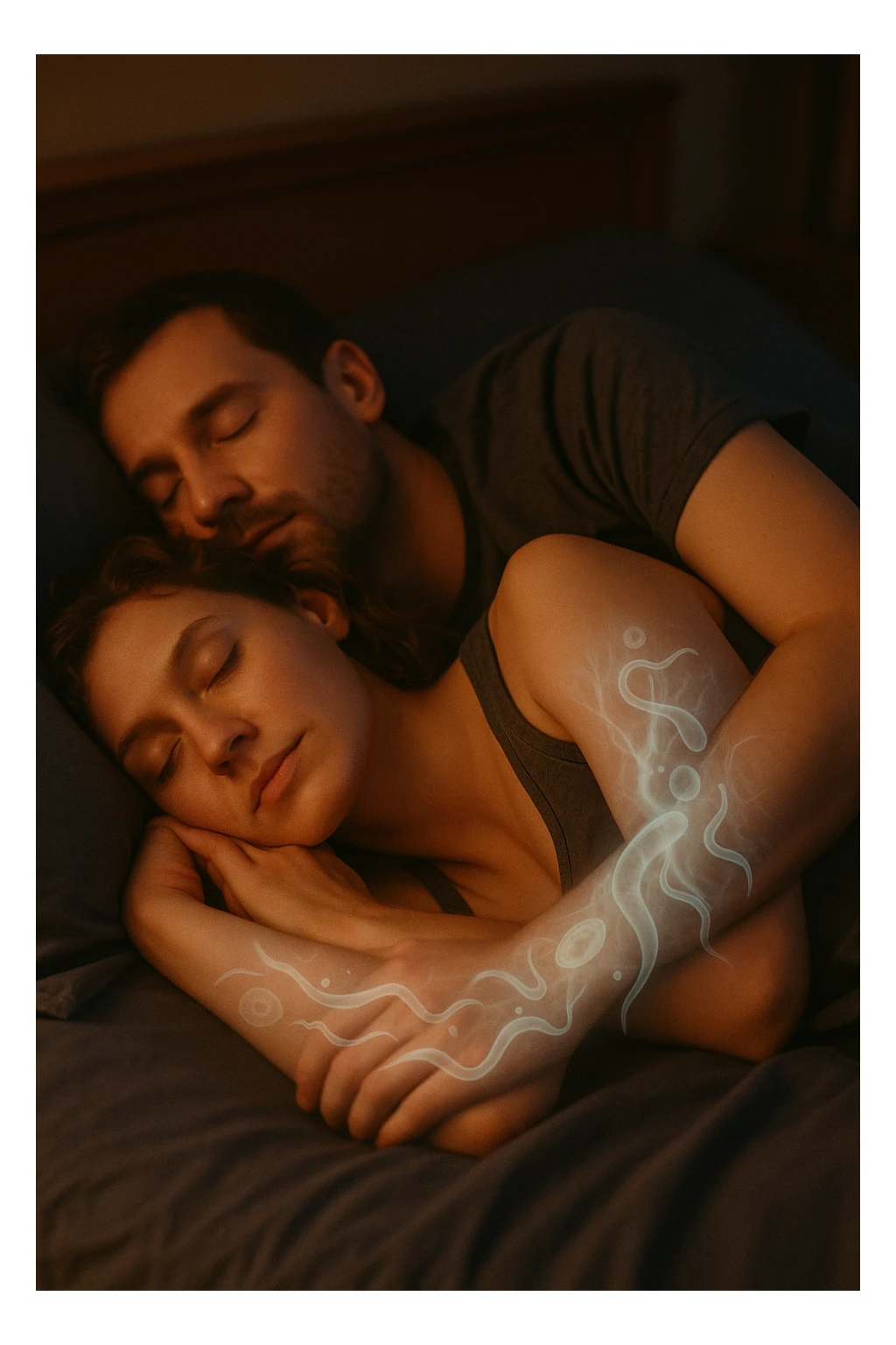 A hyper-realistic, cinematic image of a man and a woman sleeping together in the same bed under soft, dim night lighting, with their bodies close and touching. Their skin appears slightly illuminated where it touches, and under a subtle x-ray style overlay, faint ghostly silhouettes of microscopic parasites and worm-like organisms are visible crawling transdermally between their bodies, symbolizing silent, unnoticed parasite transmission during sleep. The environment is a cozy bedroom with warm tones, but the presence of the glowing parasites creates a slightly unsettling feeling, emphasizing the hidden danger. Their faces are calm, unaware, symbolizing the unconscious nature of the transmission. The image is detailed with a 35mm film hyperrealistic aesthetic, focusing sharply on the point of contact between their skin where the parasites pass, while the background remains softly blurred. The color palette uses muted warm browns and soft moonlight blues to maintain a nighttime, intimate feeling, contrasting with the translucent, glowing parasites to illustrate the hidden risk of transdermal parasite transmission while sharing a bed sticker