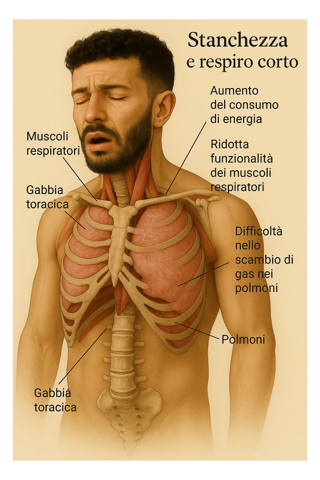 Uomo con stanchezza e respiro corto vista anatomica immagine realistica in 3D in italiano sticker