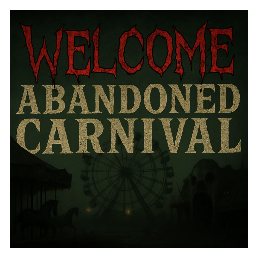 Add the word 'Welcome' in creepy, horror-themed text, integrated into the abandoned carnival banner. The text should have a sinister, eerie style that fits the creepy carnival atmosphere. sticker