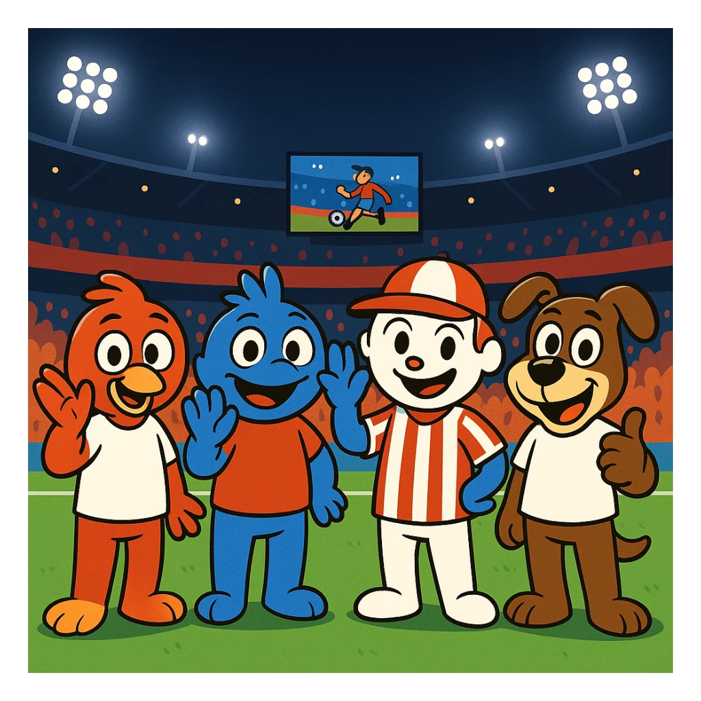 Make the five mascots much more cartoonish and exaggerated, with playful expressions and bold, fun shapes, while keeping the vibrant night soccer stadium, bright lights, green grass, red seats, large screen, and crowd in the background. Preserve the mascot colors and positions. sticker