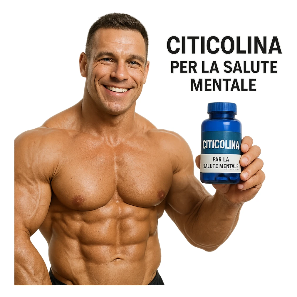 hyper realistic bodybuilder showing blue bottle of Citicolina with smile, defined muscles, text 'Citicolina per la salute mentale', positive atmosphere, white background sticker