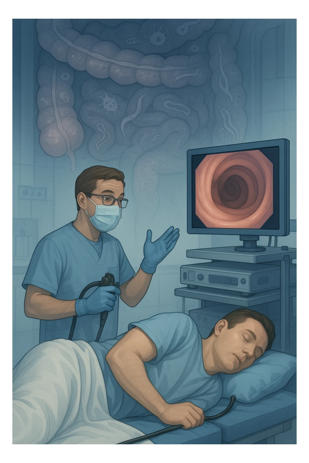 A medical cinematic illustration showing a patient undergoing a colonoscopy in a modern clinical setting. On the monitor, the endoscopic camera shows smooth, healthy-looking intestinal mucosa — clean and without evidentiary signs. But layered symbolically in the background (or faded into the intestinal wall), tiny parasitic organisms like protozoa and helminths are subtly depicted hiding between folds, or embedded deeper in tissues, undetectable by the surface-only scope. The doctor gestures with confidence, while the patient remains unaware that the test might not reveal the true underlying infection. The scene has cool clinical lighting, shallow depth of field, and realistic anatomy, overlaid with symbolic, almost ghost-like imagery of parasites sticker