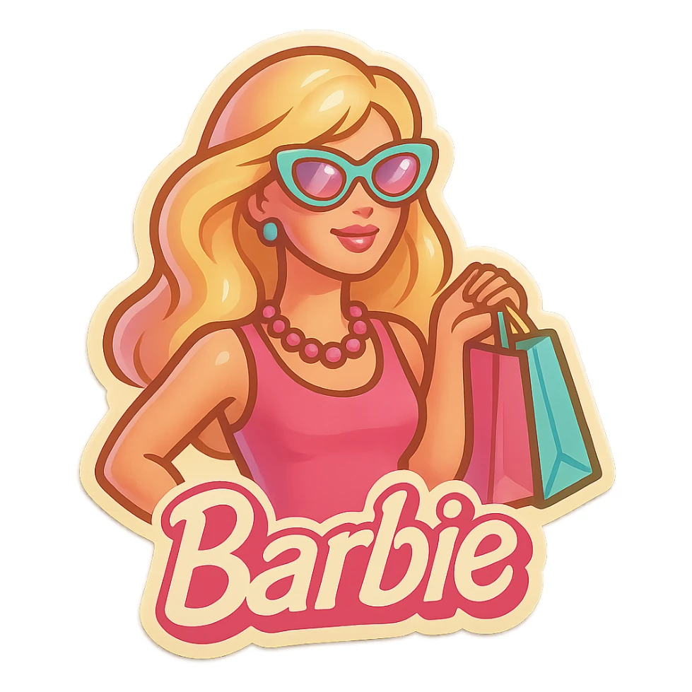 Barbie inspired sticker, modern chic, pastel colors, sunglasses, shopping bags sticker