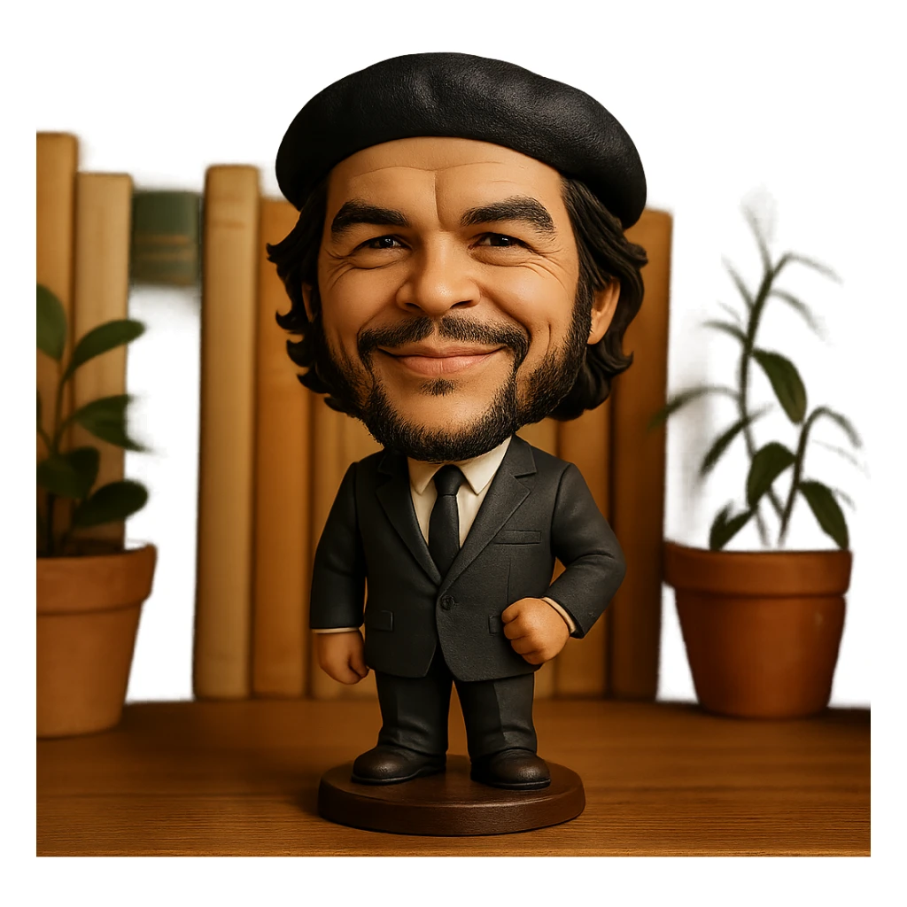 statuette of Che Guevara in a suit and tie, big head, confident smile sticker