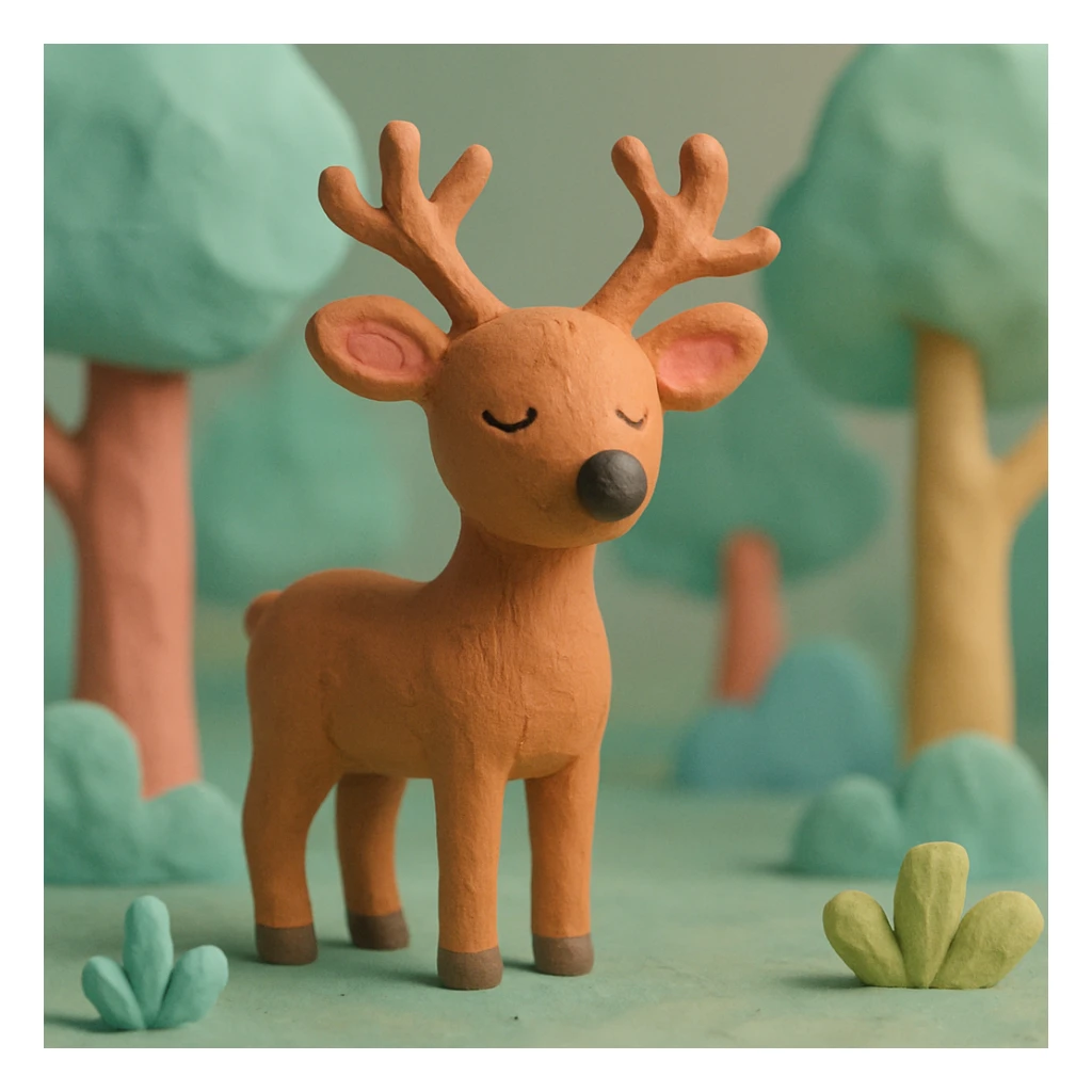 deer standing in a forest, pastel colors, visible fingerprints, playful and textured, claymation style sticker