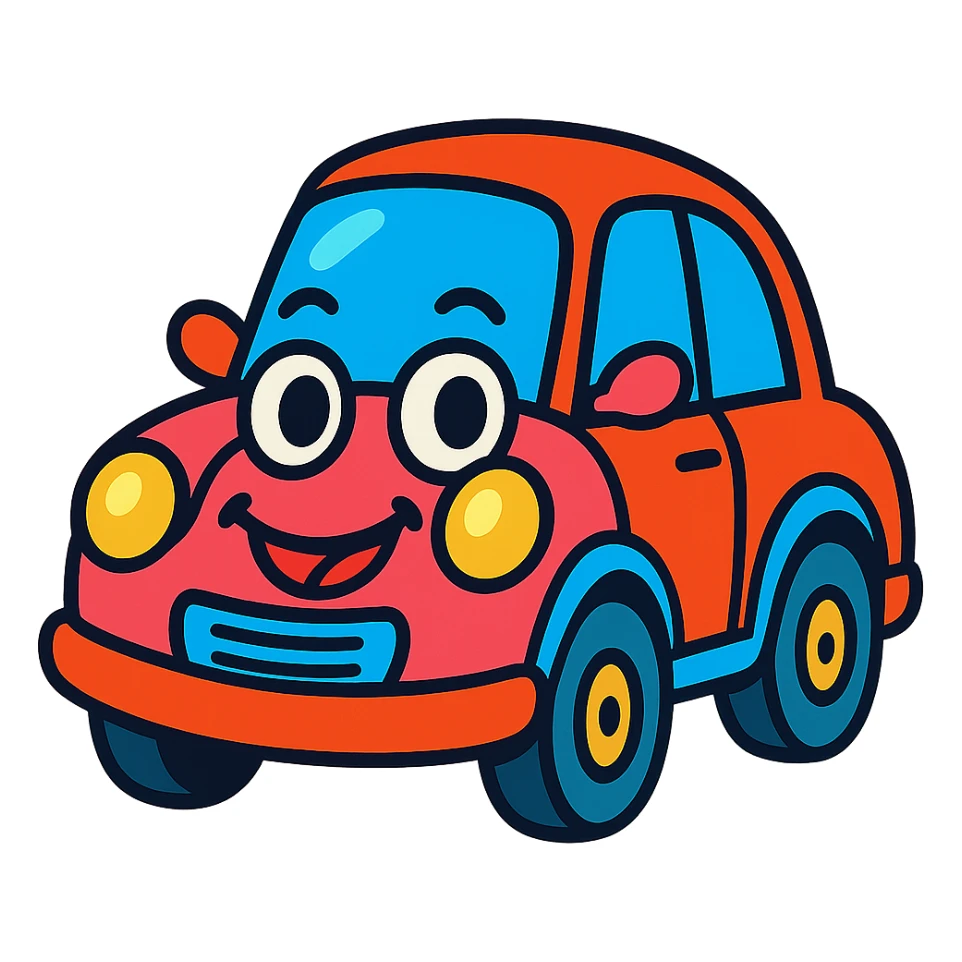 whimsical car character with a face, fun and lively, bright colors sticker