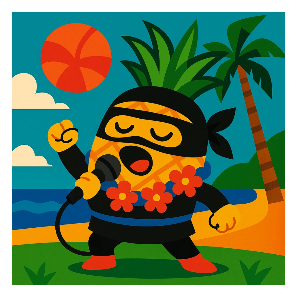 a pineapple singing in Hawaii, wearing a ninja costume, vibrant colors sticker