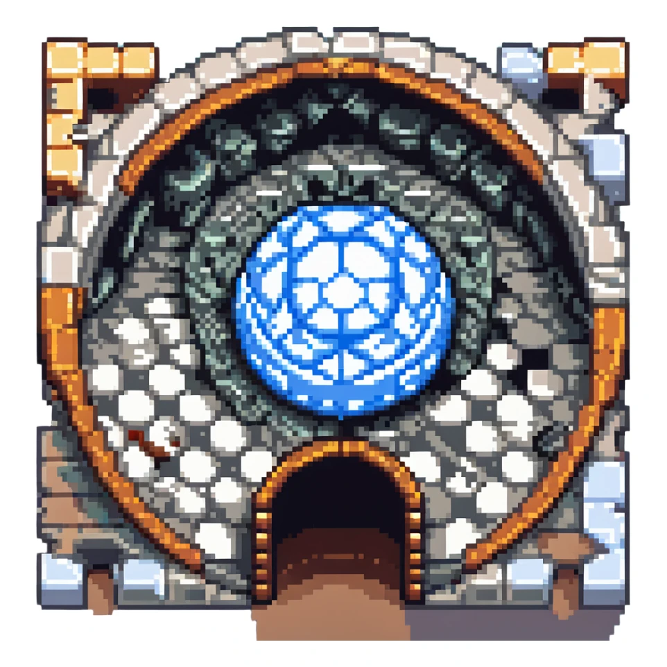 Pixel art portal with Escher-style tessellations and surreal geometry, isometric, no text sticker