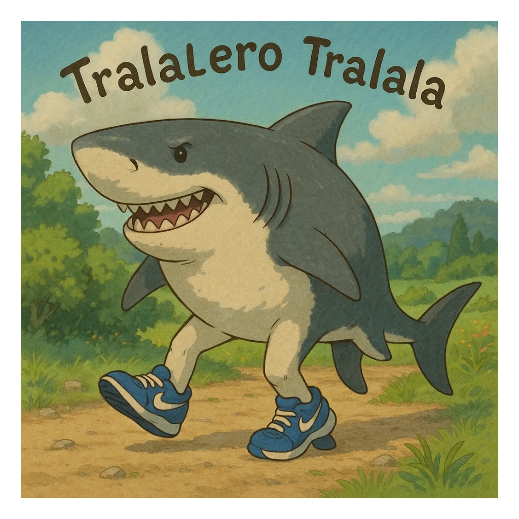 Tralalero Tralala, an Italian Brainrot character: a great white shark with three legs, wearing blue Nike shoes, ghibli-inspired style sticker