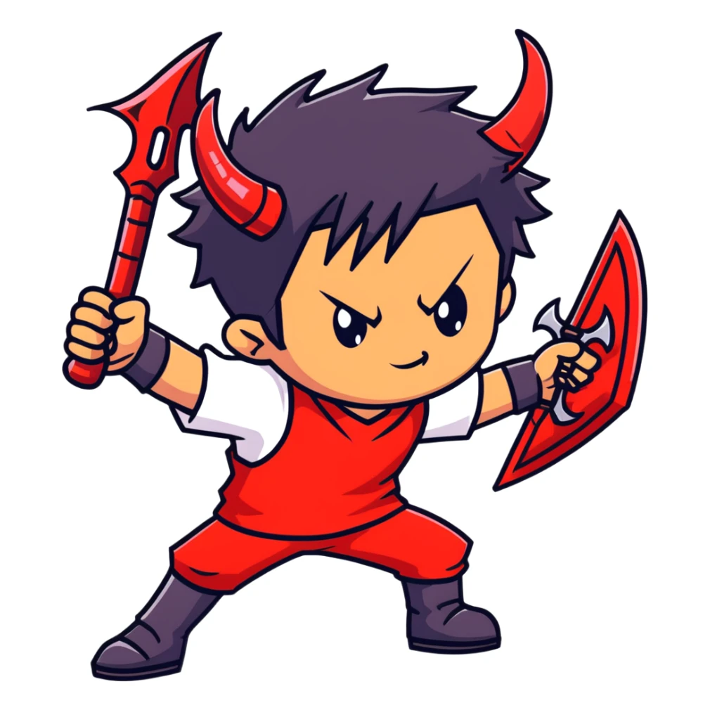 Anime devil boy with spiky black hair, red horns, and a battle axe sticker