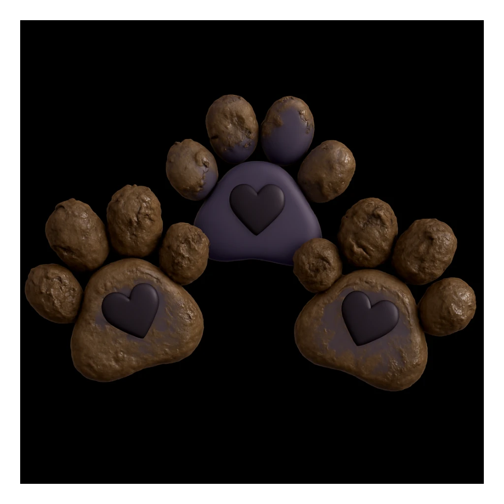 Make the two black puppy paws look muddy, keep the black heart around them and original style (original style slug: 3d-emoji) sticker