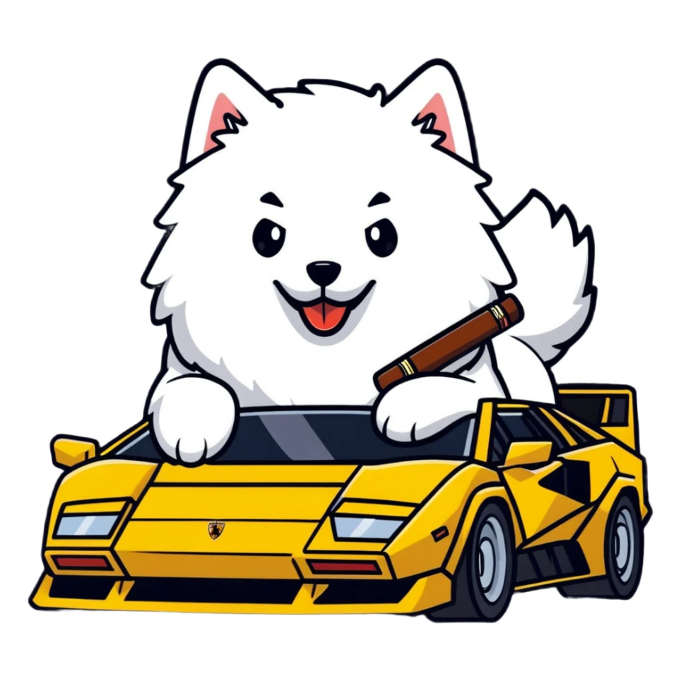 Fluffy samoyed dog driving a Lamborghini countach smoking a cigar sticker