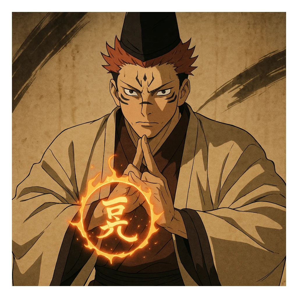 Ryomen Sukuna from the Heian era, serious expression, not smiling, using Ryoi Kenkai technique, traditional Japanese attire, anime style sticker