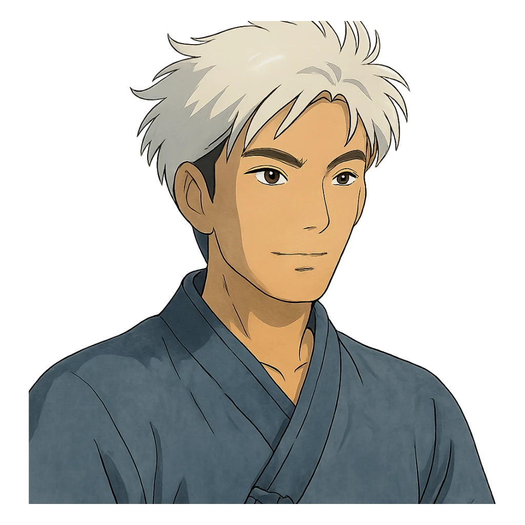 white haired handsome Chinese man in ghibli style, detailed and expressive sticker