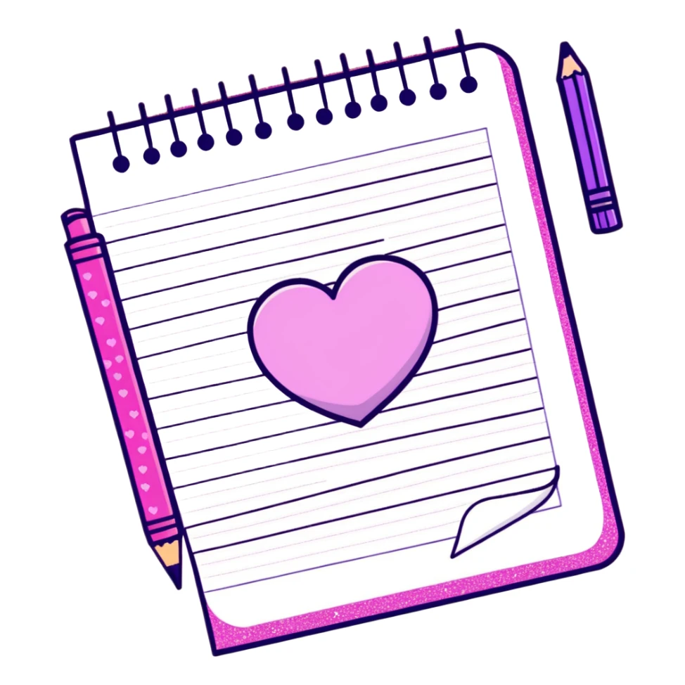Pink sparkly notebook with purple sparkly pencil and a heart drawn on the paper  sticker