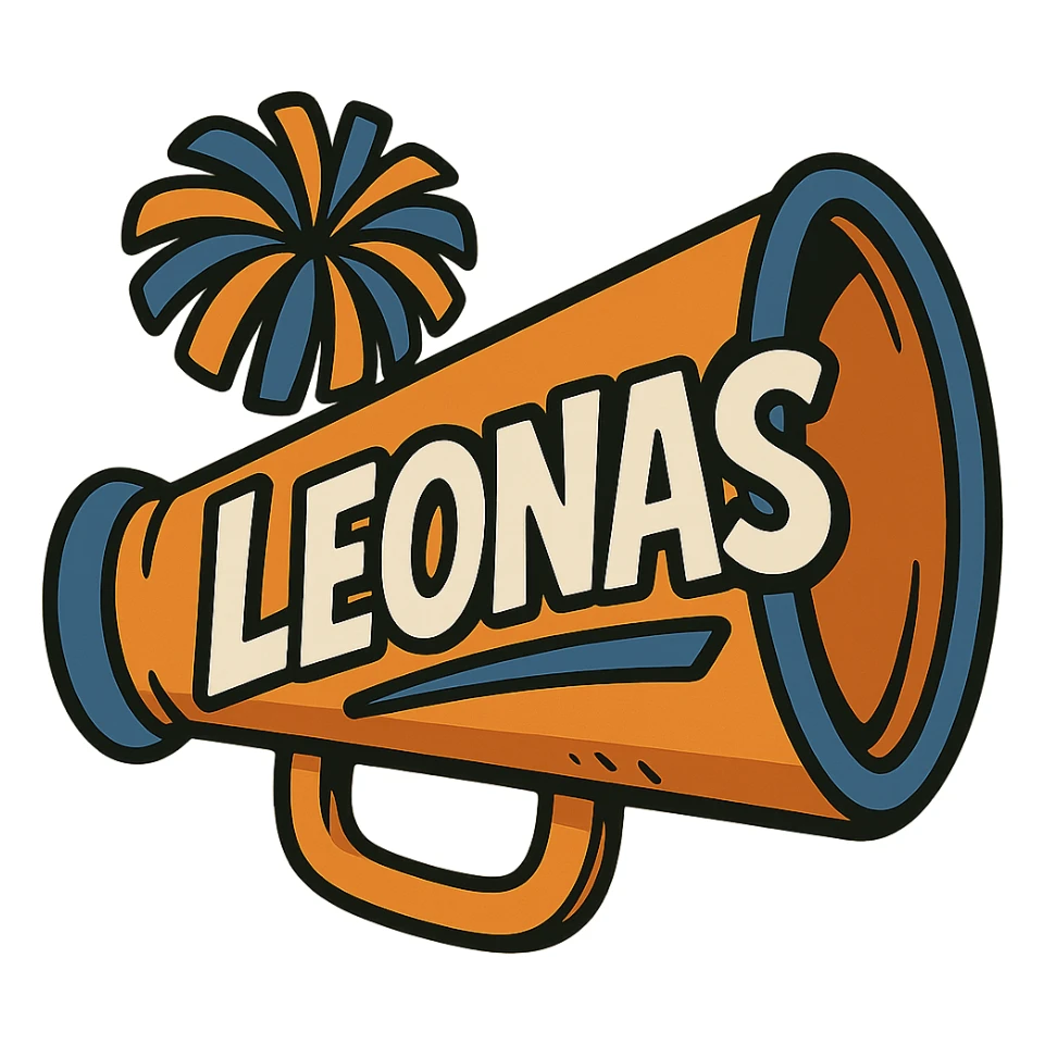 cheerleading megaphone with orange, blue and white colors, text 'Leonas', cartoon style sticker