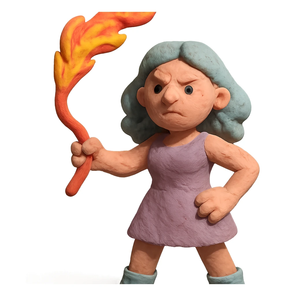 claymation style woman with a fire whip, visible fingerprints, pastel colors sticker