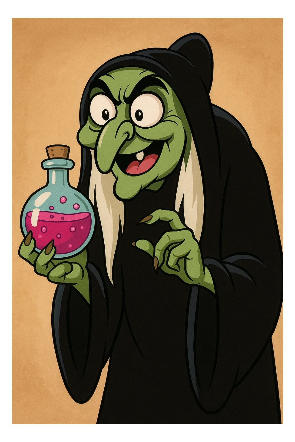 Snow White witch witch, cartoon style, exaggerated features, green skin, holding a potion bottle sticker