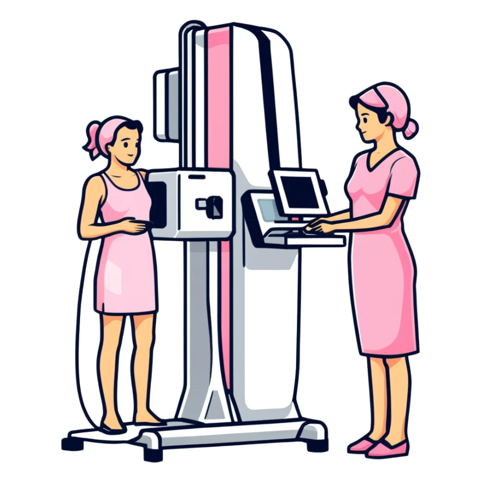 Mammogram breast cancer screening machine with female patient, medical test sticker
