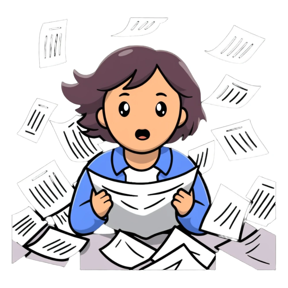 scared woman with flying papers around her sticker