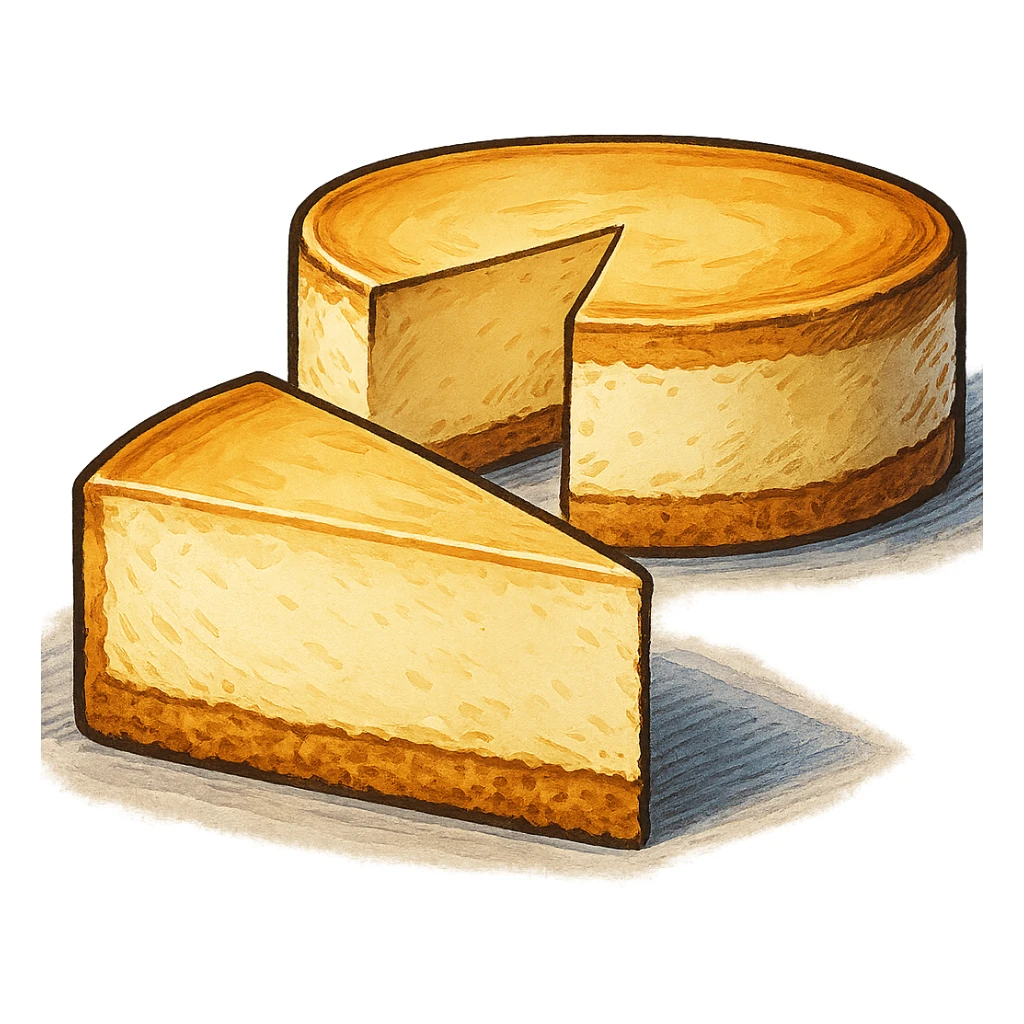 В слегка рисованном, но при этом ярком и объемном стиле с четкими линиями составь фотореалистичную композицию, где лежит кусок чизкейк, вырезанный из целого торта, профессиональный свет, подчеркивающий объем, сделай картинку более широкой, прозрачный фон sticker