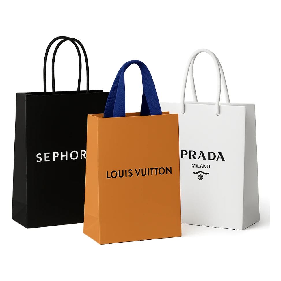 three shopping bags, one with Sephora, one with Louis Vuitton, one with Prada, high-end retail vibe sticker