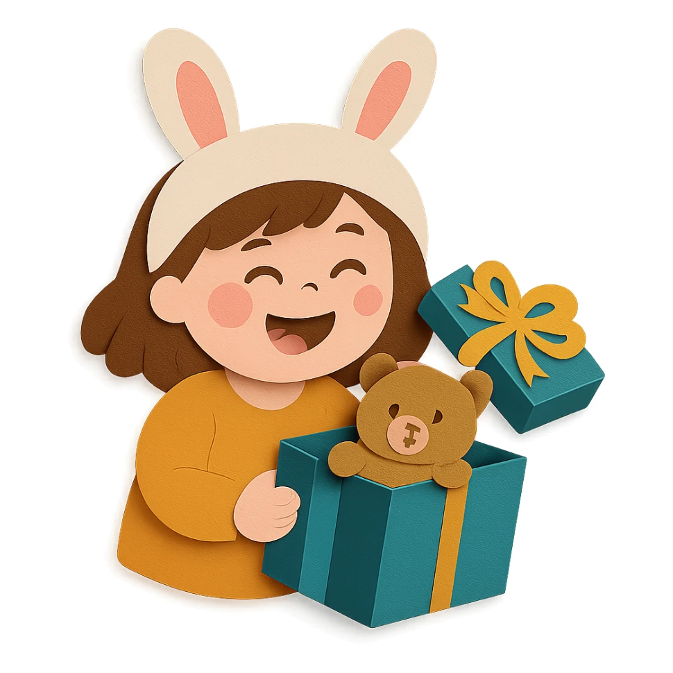 Change the gift box present from a car to a pastel brown cutie bear inside the gift box, while all other design elements remain unchanged sticker